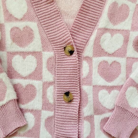 Heart Checkered Fluffy Pink Knit V-Neck Cardigan - Picture 2 of 4